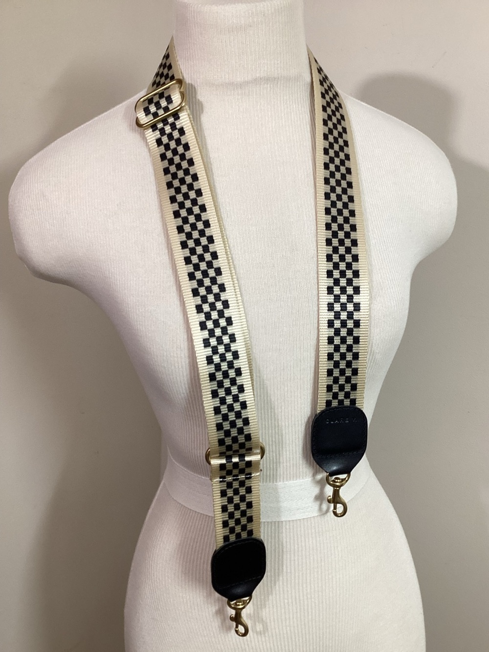 Clare V. Adjustable Crossbody Bag Guitar Strap Black Cream Checkered NEW - Picture 6 of 6